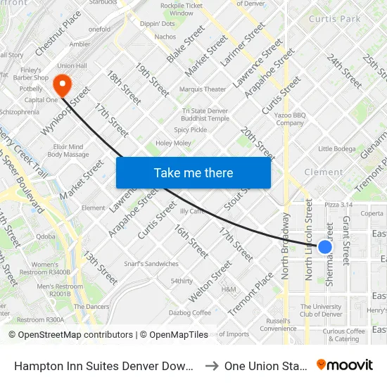 Hampton Inn Suites Denver Downtown to One Union Station map