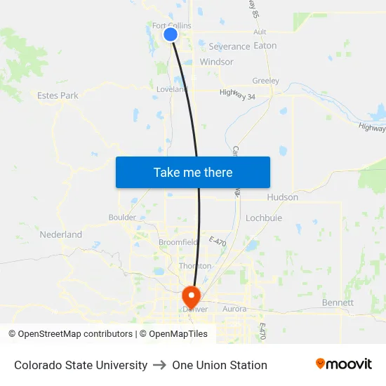 Colorado State University to One Union Station map