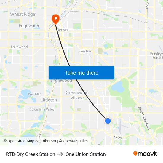 RTD-Dry Creek Station to One Union Station map