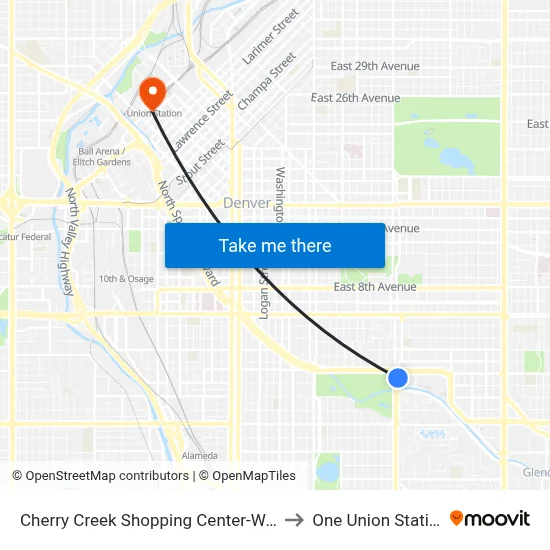 Cherry Creek Shopping Center-West to One Union Station map