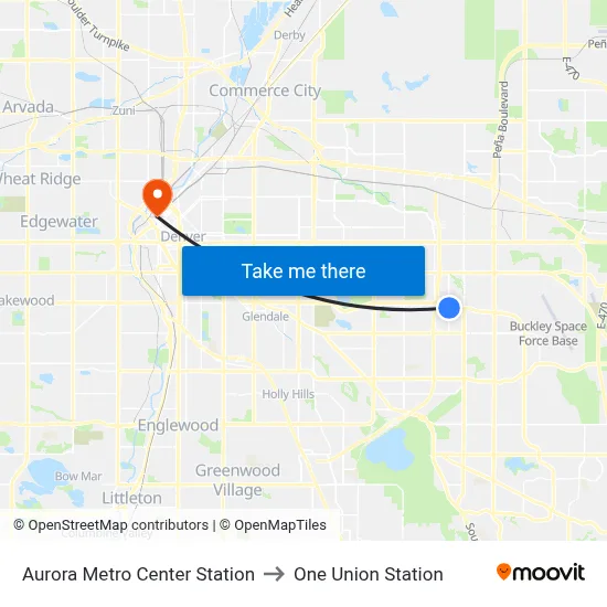 Aurora Metro Center Station to One Union Station map