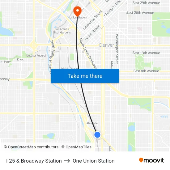 I-25 & Broadway Station to One Union Station map