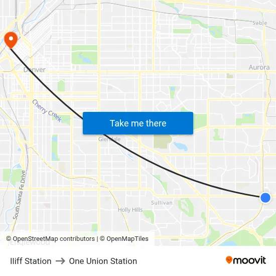Iliff Station to One Union Station map