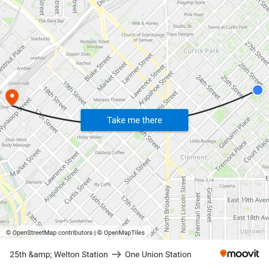 25th &amp; Welton Station to One Union Station map