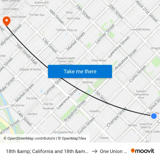 18th &amp; California and 18th &amp; Stout Stations to One Union Station map