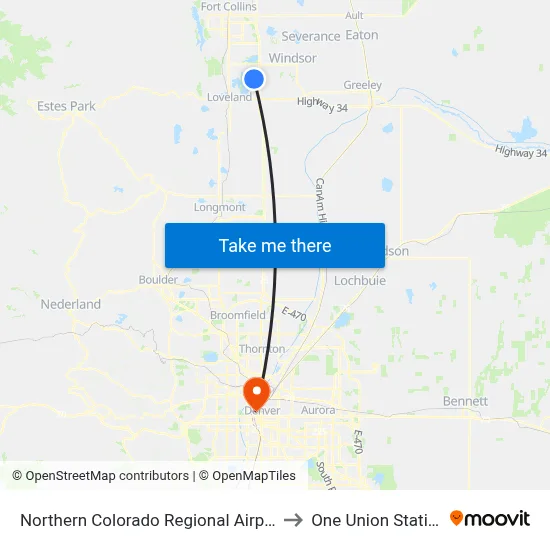 Northern Colorado Regional Airport to One Union Station map