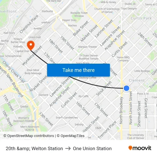 20th &amp; Welton Station to One Union Station map