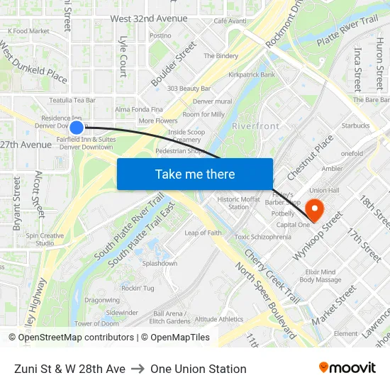 Zuni St & W 28th Ave to One Union Station map