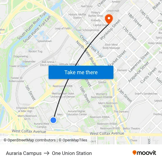 Auraria Campus to One Union Station map