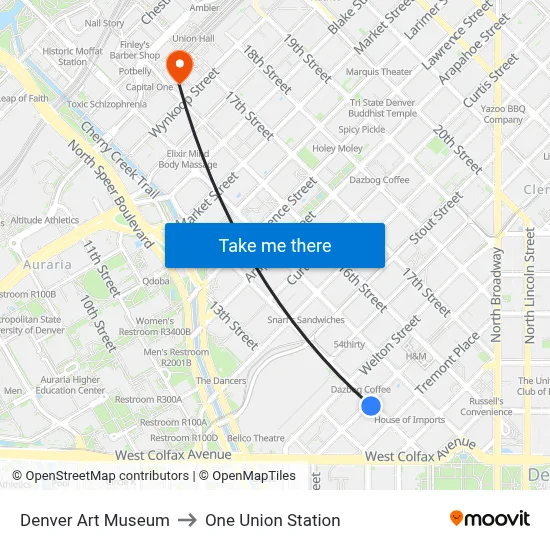 Denver Art Museum to One Union Station map
