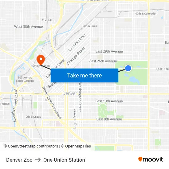 Denver Zoo to One Union Station map