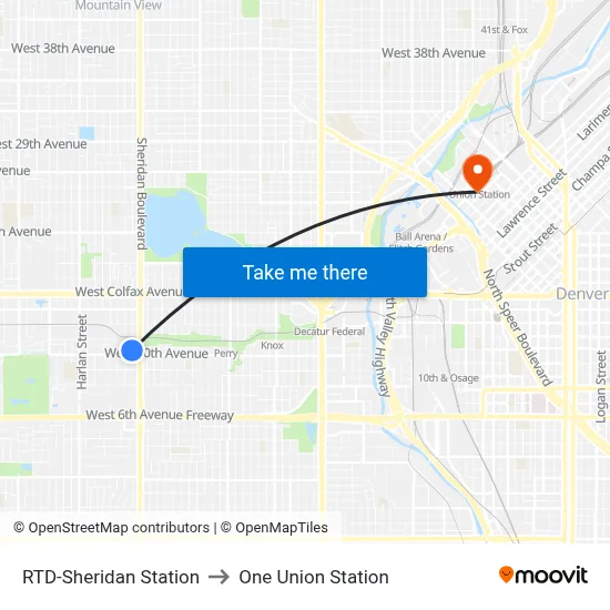 RTD-Sheridan Station to One Union Station map