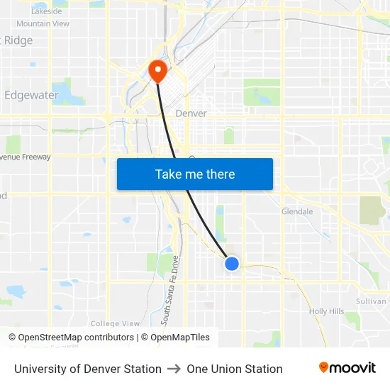 University of Denver Station to One Union Station map