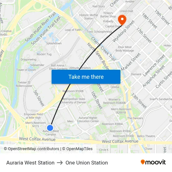 Auraria West Station to One Union Station map