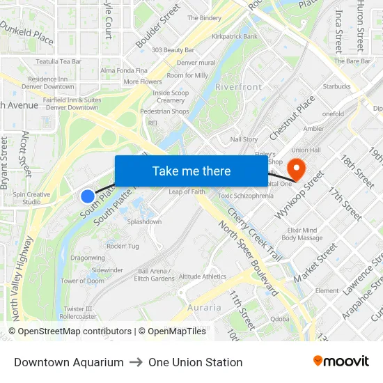 Downtown Aquarium to One Union Station map