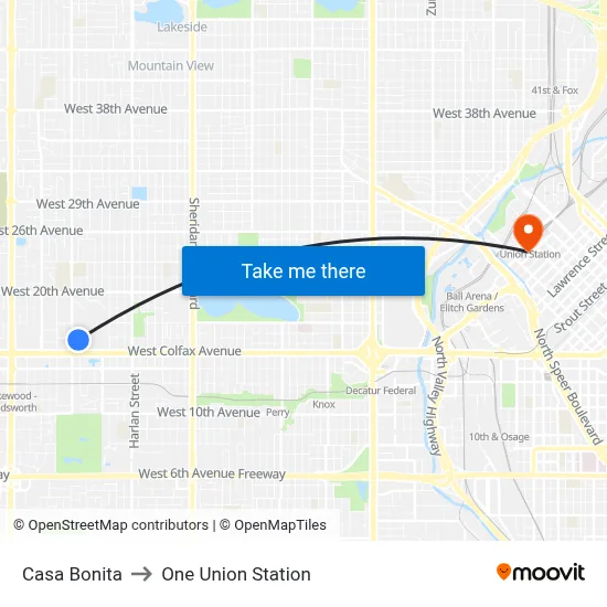 Casa Bonita to One Union Station map