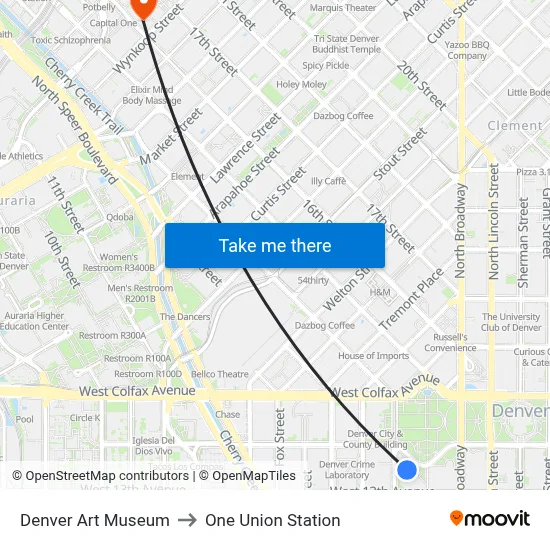 Denver Art Museum to One Union Station map