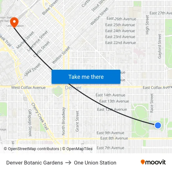 Denver Botanic Gardens to One Union Station map