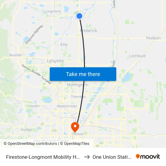 Firestone-Longmont Mobility Hub to One Union Station map
