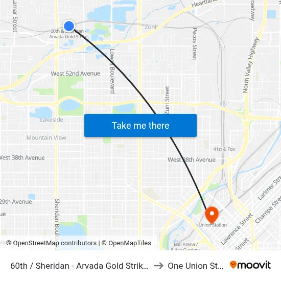 60th / Sheridan - Arvada Gold Strike Station to One Union Station map