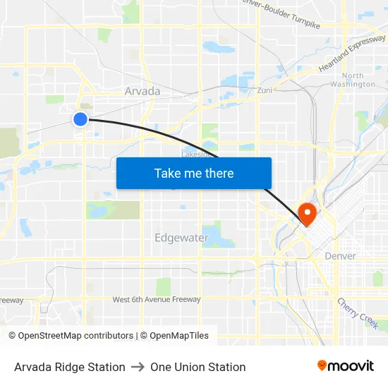 Arvada Ridge Station to One Union Station map