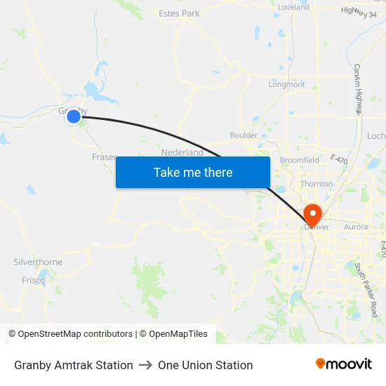 Granby Amtrak Station to One Union Station map
