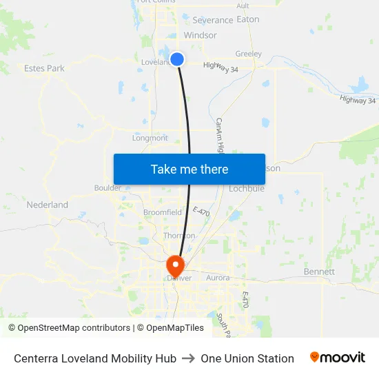 Centerra Loveland Mobility Hub to One Union Station map