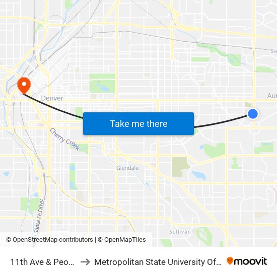 11th Ave & Peoria St to Metropolitan State University Of Denver map