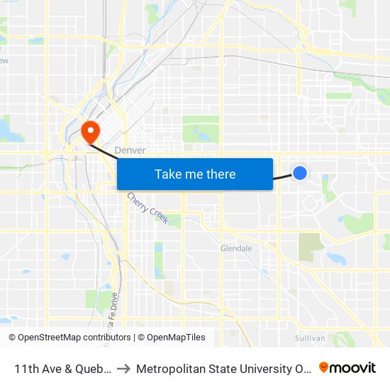 11th Ave & Quebec St to Metropolitan State University Of Denver map