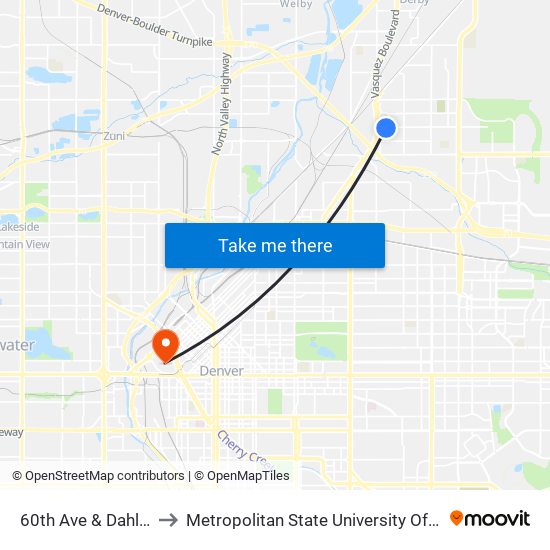 60th Ave & Dahlia St to Metropolitan State University Of Denver map