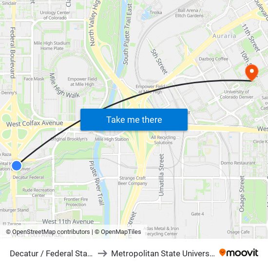 Decatur / Federal Station Gate E to Metropolitan State University Of Denver map