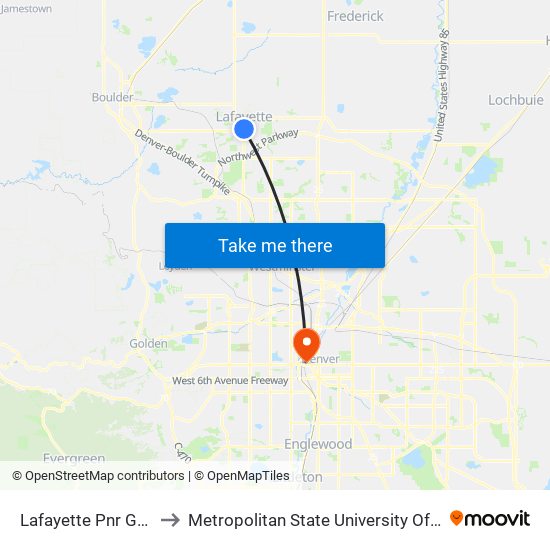 Lafayette Pnr Gate A to Metropolitan State University Of Denver map