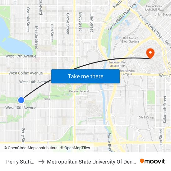 Perry Station to Metropolitan State University Of Denver map