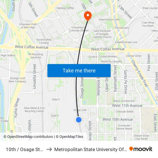 10th / Osage Station to Metropolitan State University Of Denver map