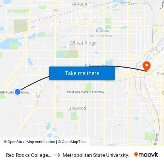 Red Rocks College Station to Metropolitan State University Of Denver map