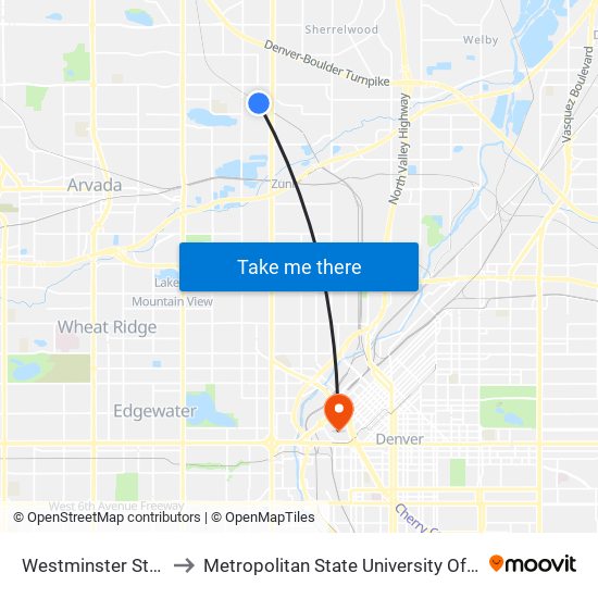 Westminster Station to Metropolitan State University Of Denver map