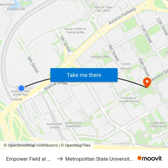 Empower Field at Mile High to Metropolitan State University Of Denver map