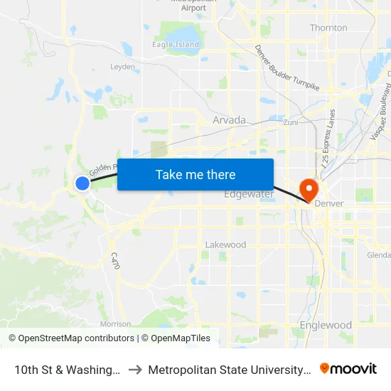 10th St & Washington Ave to Metropolitan State University Of Denver map