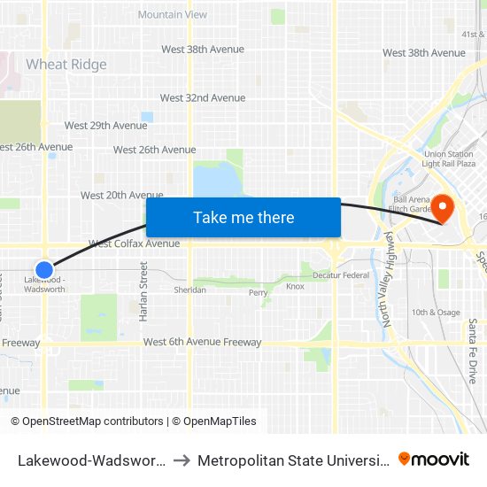 Lakewood-Wadsworth Station to Metropolitan State University Of Denver map