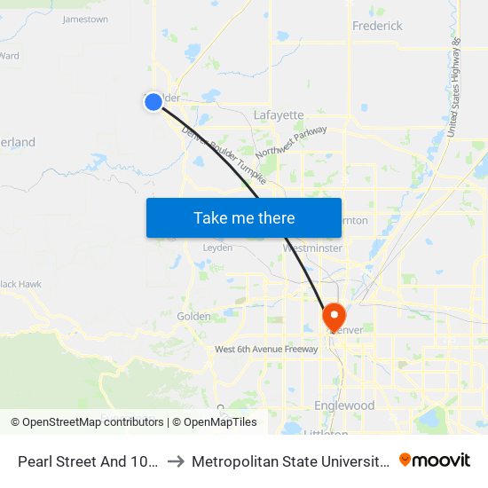 Pearl Street And 10th Street to Metropolitan State University Of Denver map