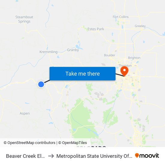 Beaver Creek Elk Lot to Metropolitan State University Of Denver map