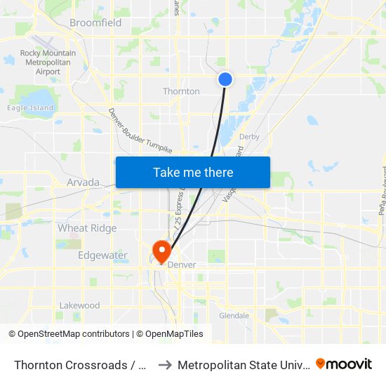 Thornton Crossroads / 104th Ave Station to Metropolitan State University Of Denver map