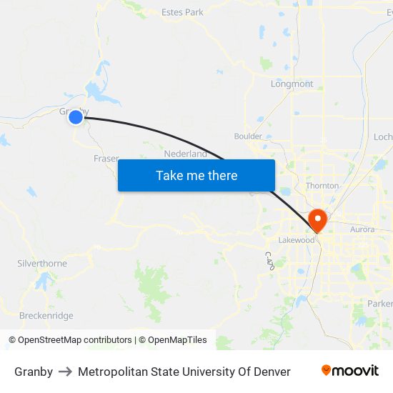 Granby to Metropolitan State University Of Denver map