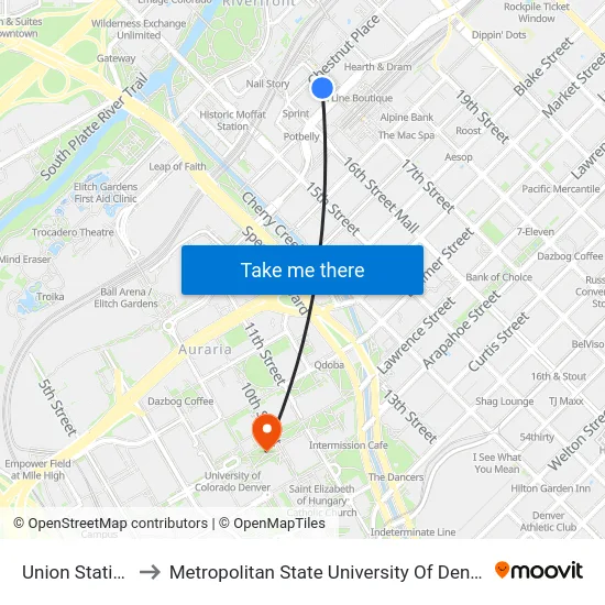 Union Station to Metropolitan State University Of Denver map