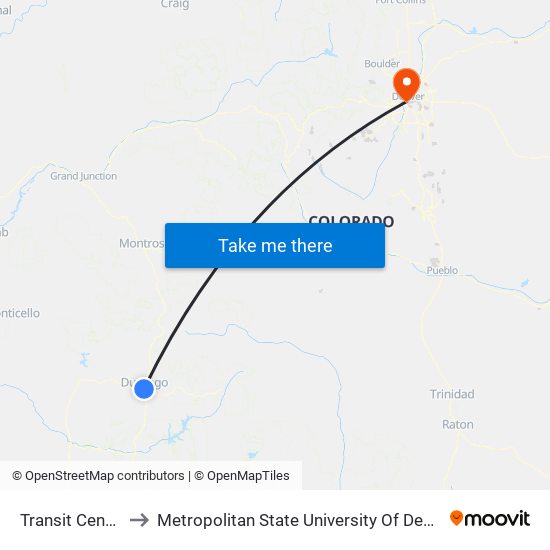 Transit Center to Metropolitan State University Of Denver map