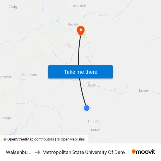 Walsenburg to Metropolitan State University Of Denver map