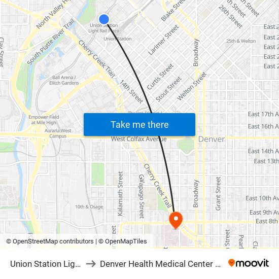 Union Station Light Rail to Denver Health Medical Center Pavilion A map