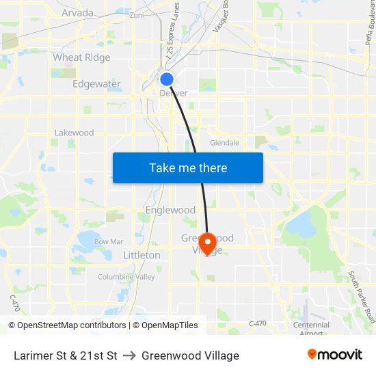 Larimer St & 21st St to Greenwood Village map