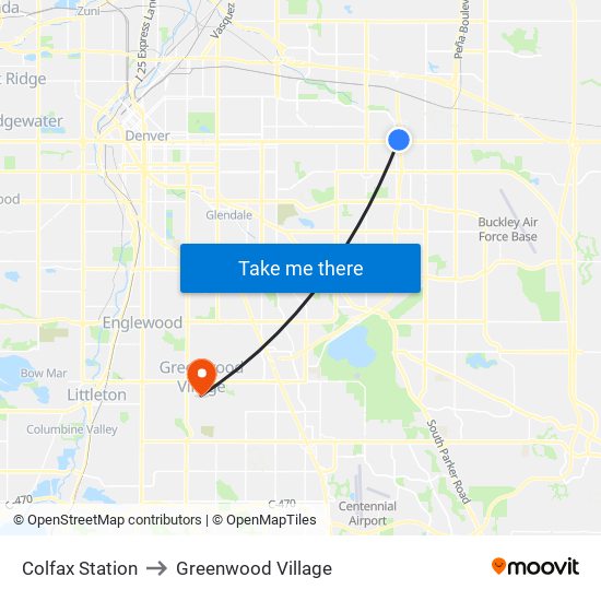 Colfax Station to Greenwood Village map