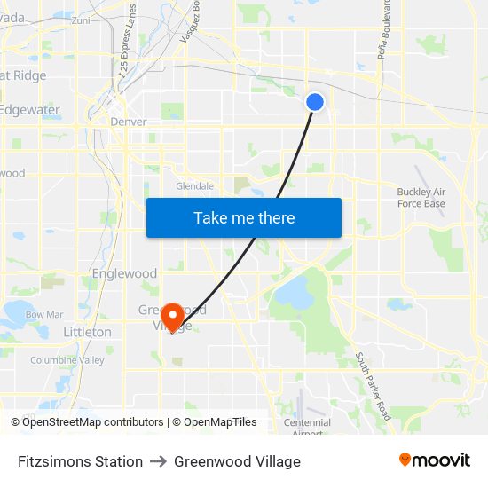 Fitzsimons Station to Greenwood Village map